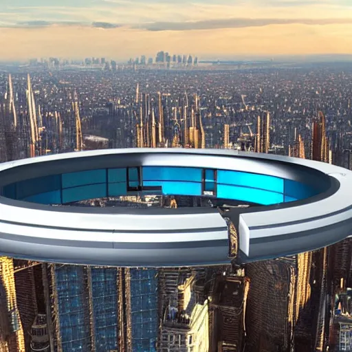 Image similar to a giant ring-shaped space station encircling a modern city floating above the city, the ring is horizontal, surrounding the city, cinematic