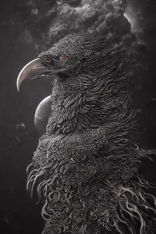 Prompt: Intricate stunning highly detailed raven by agostino arrivabene and Vladimir Kush, surreal sculpture, ultra realistic, Horror, dramatic lighting, full moon, blood moon, thick black swirling particle smoke tornado, fire embers, trending on artstation