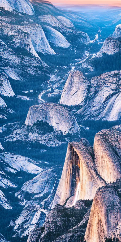 Image similar to wide angle shot of spectacular aerial view looking down on Yosemite National Park, early morning, cinematic lighting, epic, highly detailed, HD, Volumetric lighting, Octane Render