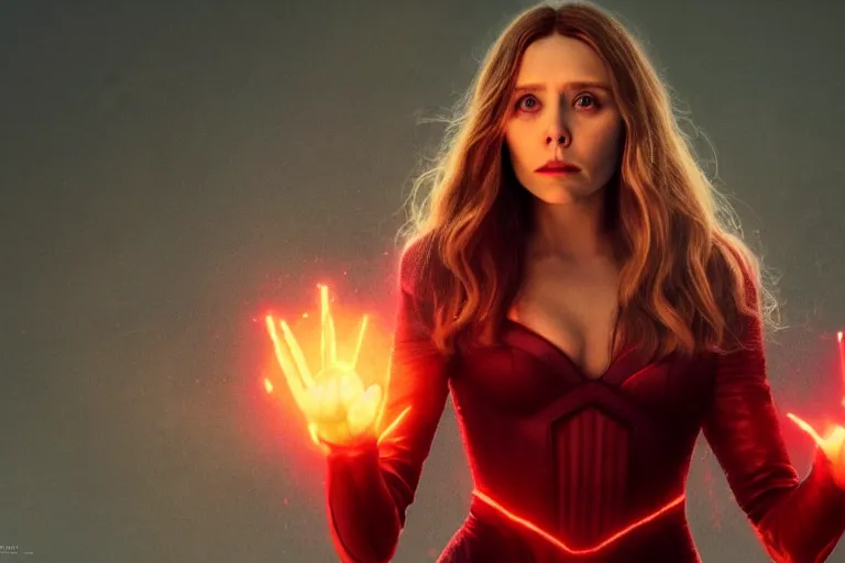 Image similar to movie still of elizabeth olsen as the scarlet witch, standing in the middle of a dark cave, holding red magic from her hands, illuminating the area, full - body portrait, golden ratio!!!!!, centered, trending on artstation, 8 k quality, cgsociety contest winner, artstation hd, artstation hq, luminous lighting