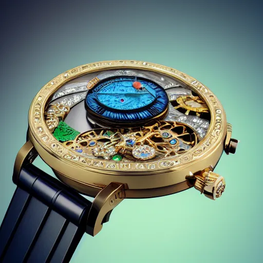 Image similar to a steampunk sleek, jewelled, tropical bird repeater watch by Jaquet Droz, gold and silver highlights, neon blue highlights, macro photography, F/2.8, trending on artstation, octane render