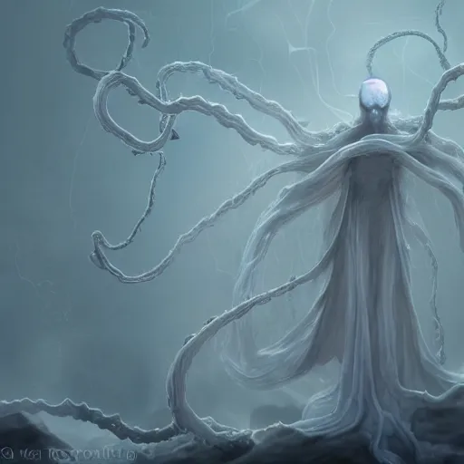 Image similar to concept designs for an ethereal ghostly wraith like figure made from wispy billowing smoke and sparks of electricity with a squid like parasite latched onto its head and long tentacle arms that flow lazily but gracefully at its sides like a cloak while it floats around a frozen rocky tundra in the snow searching for lost souls and that hides amongst the shadows in the trees, this character has hydrokinesis and electrokinesis for the resident evil village video game franchise with inspiration from Shuma gurath from marvel, the franchise Bloodborne and the mind flayer from stranger things on netflix in the style of a marvel comic
