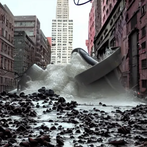 Prompt: tsunami of liquid chocolate on new york, post apocalyptic, cinematic, end of the world