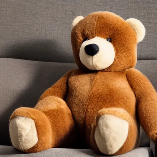 Prompt: a teddy bear wearing business casual clothes sitting on a couch, creepy 4 k photo