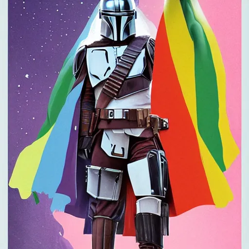 Image similar to the mandalorian's cape is a rainbow pride flag by ilya kuvshinov katsuhiro otomo