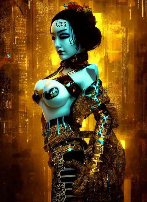 Image similar to portrait of a seductive cyberpunk latex geisha raver cyborg, modern fine art, golden ratio, dark fantasy, cyberpunk, octane render, fractal, in the style of ghosts in the machine, intricate ornaments, elegant, highly detailed, ornate, wlop