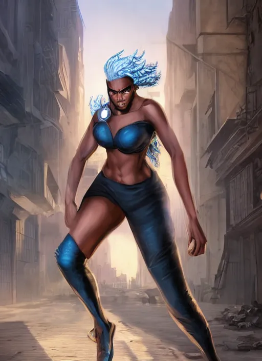 Prompt: An epic fantasy comic book style portrait painting of a young Ororo Munroe escaping capture on the streets of Cairo, Unreal 5, DAZ, hyperrealistic, RPG portrait, dynamic lighting