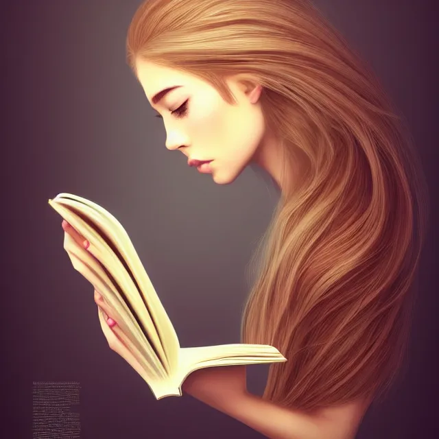 Prompt: beautiful girl reading a book, her hair flowing down, highly detailed, 4 k, hdr, smooth, sharp focus, high resolution, award - winning photo, artgerm, photorealistic