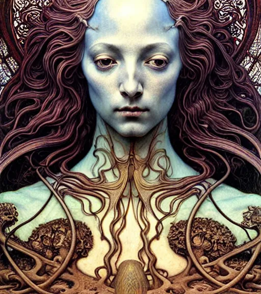 Image similar to detailed realistic beautiful young medieval alien queen face portrait by jean delville, gustave dore and marco mazzoni, art nouveau, symbolist, visionary, gothic, pre - raphaelite. horizontal symmetry by zdzisław beksinski, iris van herpen, raymond swanland and alphonse mucha. highly detailed, hyper - real, beautiful