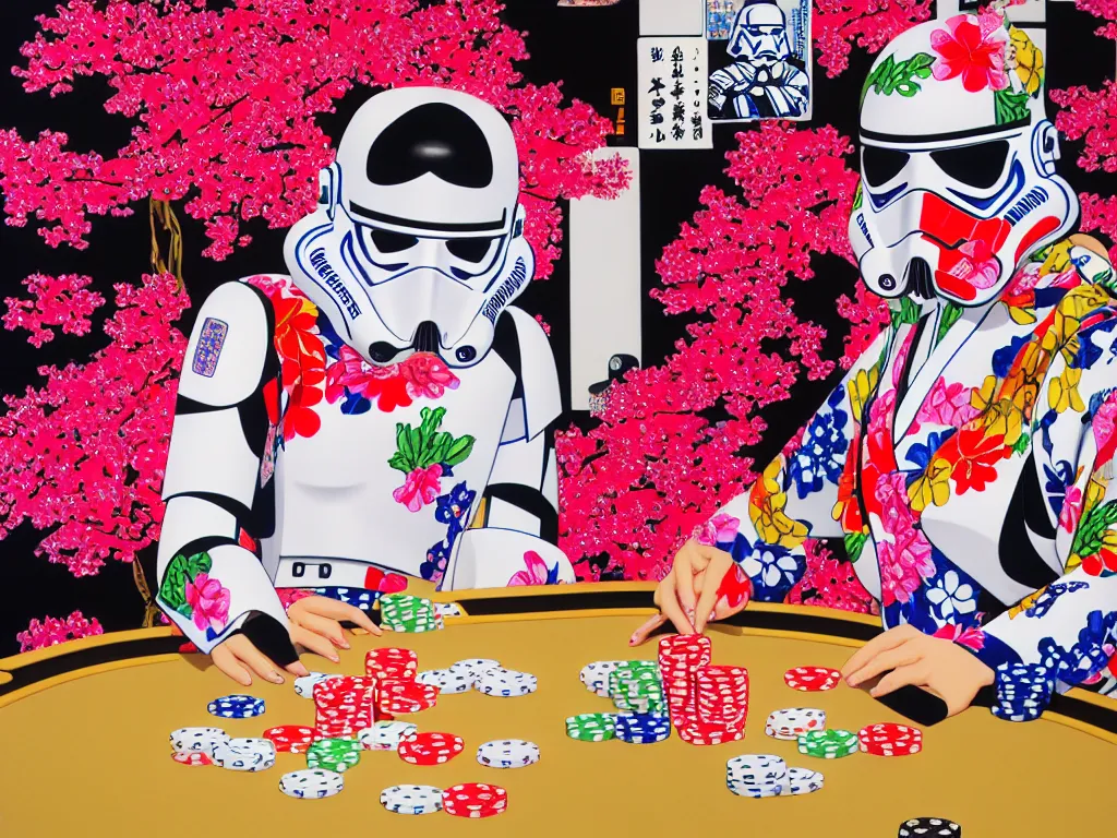 Image similar to hyperrealism composition of the detailed single woman in a japanese kimono sitting at an extremely detailed poker table with stormtrooper, fireworks and sakura tree on the background, pop - art style, jacky tsai style, andy warhol style, acrylic on canvas