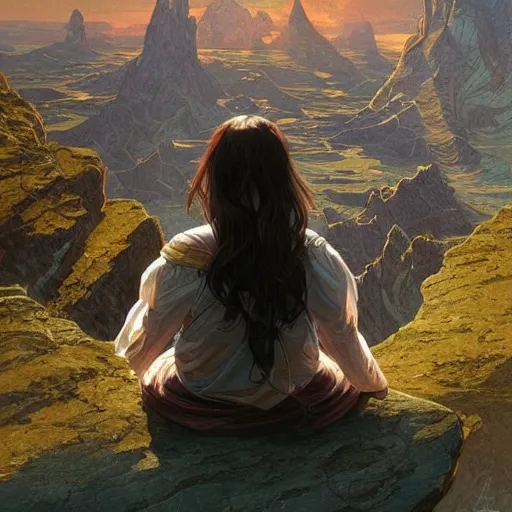 Prompt: a girl sitting on the edge of a mountain, looking at the distance, epic scale, alien landscape, intricate, headshot, highly detailed, digital painting, artstation, concept art, sharp focus, cinematic lighting, illustration, art by artgerm and greg rutkowski, alphonse mucha, cgsociety