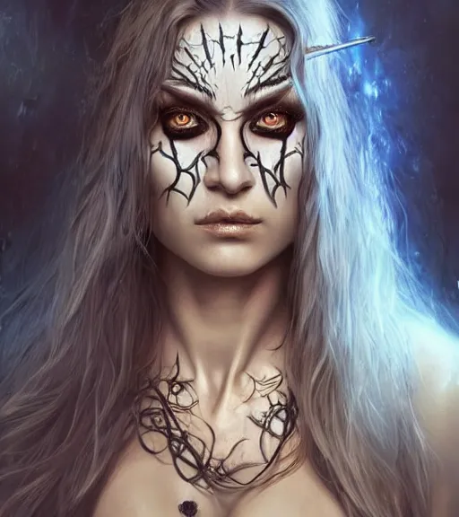 Prompt: a higly detailed airbrush full body shot and face portrait painting of a grim female sorceress with piercing eyes beautiful eyes, dynamic lighting, ambient lighting, deviantart, art by artgerm and simon bisley and karol bak