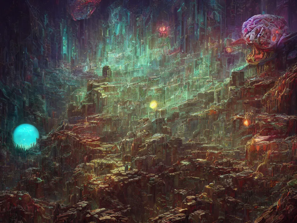 Prompt: Masterpiece digital art by Dan Mumford Ted Nasmith, color hues, octane render trending on Artstation:2, A concept matte painting of internal lymphocyte virion rawandrendered synaptic fractality transmission embryonic beholder glial neurons cyberpunk eyewire nerve cells microscopic plankton glowing neuronal brain cell synapse by WojtekFus Facey rossdraws:5, Lone technician near the reactor:3