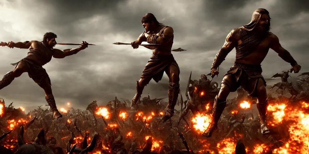 Image similar to epic battle screen of hero, film still from the movie'3 0 0'( 2 0 0 6 ), 3 d, 8 k realistic, cryengine, playstion 5 screen, cinematic lighting