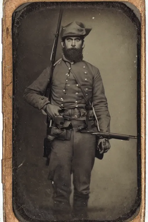 Prompt: a tintype photograph of bigfoot as a soldier in the civil war, posing with his rifle