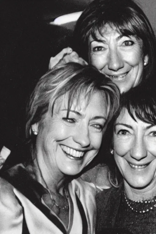 Image similar to a polaroid of Hillary clinton and ghislaine maxwell hugging and smiling