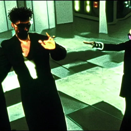 Image similar to neo slaps morpheus instead of choosing a pill, still from the matrix