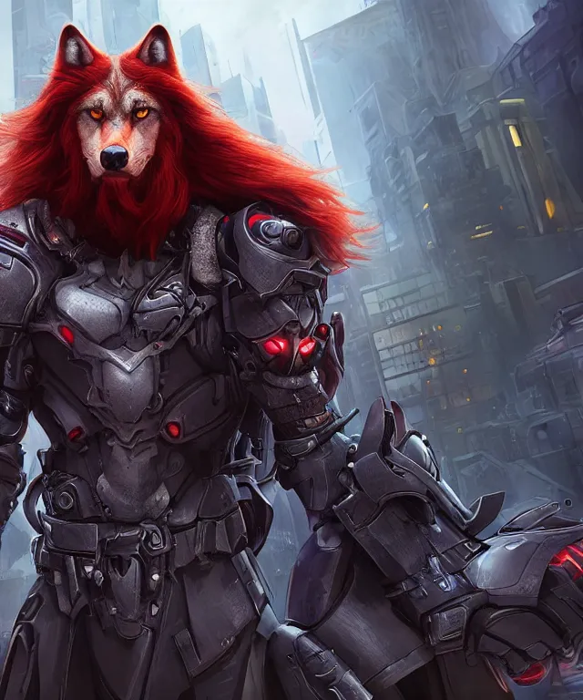 Image similar to portrait of male anthropomorphic dark gray wolf, long red hair, blue eyes, in a futuristic city, hyper detailed, digital art, trending in artstation, cinematic lighting, studio quality, smooth render, unreal engine 5 rendered, octane rendered, art style by pixar dreamworks warner bros disney riot games and overwatch.