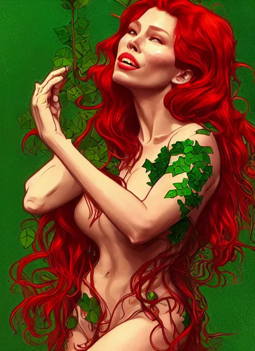 Prompt: jessica biel as poison ivy, character concept art, trending on artstation, red hair, highly detailed, high quality, digital illustration, alena aenami, alphonse mucha, tom bagshaw