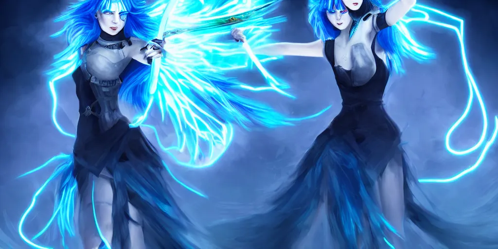 Prompt: the girl's blue hair dances with electricity, her eyes glowing with untold amount of power, her sword a blade made of light. she gazed upon the horde of monster in front of her fearlessly, with the elegance of a true knight, digital art