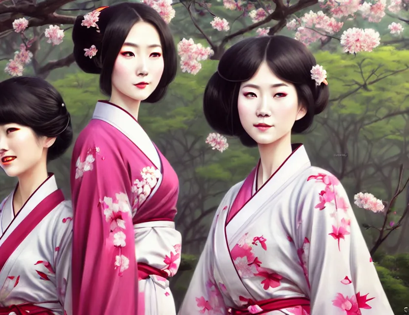 Prompt: two beautiful fashion taiwan girls wear elegant yukata in festival | | big eyes, sunny, realistic shaded, smile, good looking, fine details, 4 k realistic, cryengine, realistic shaded lighting poster by greg rutkowski, magali villeneuve, artgerm, jeremy lipkin and michael garmash and rob rey