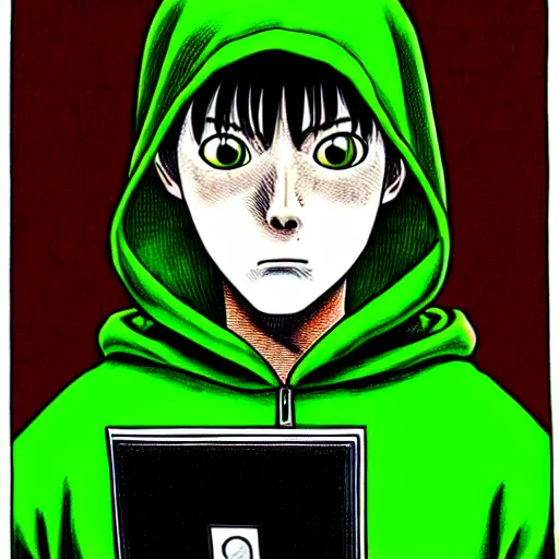 Image similar to portrait of programmer with green hood by junji ito