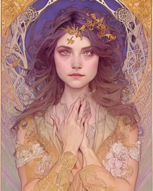 Prompt: a angle, highly detailed, very intricate, art nouveau, gold filigree, romantic storybook fantasy, soft cinematic lighting, award - winning, disney concept art watercolor illustration by mandy jurgens and alphonse mucha and alena aenami, pastel color palette, featured on artstation