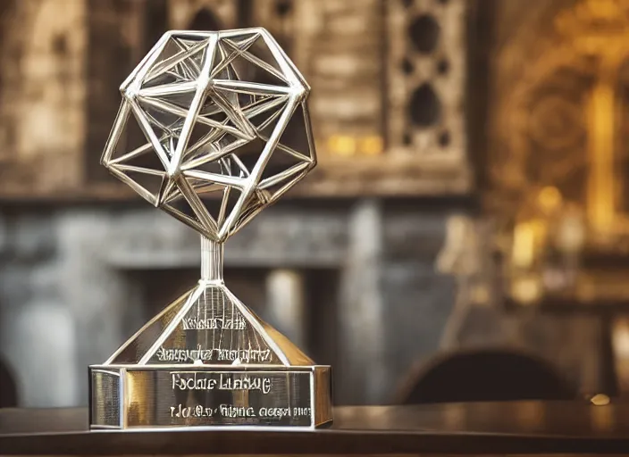 Image similar to a reflective symmetrical polyhedral 3 d printed steel engineering trophy at a high end bar in a medieval themed castle in golden afternoon light, professional food photography