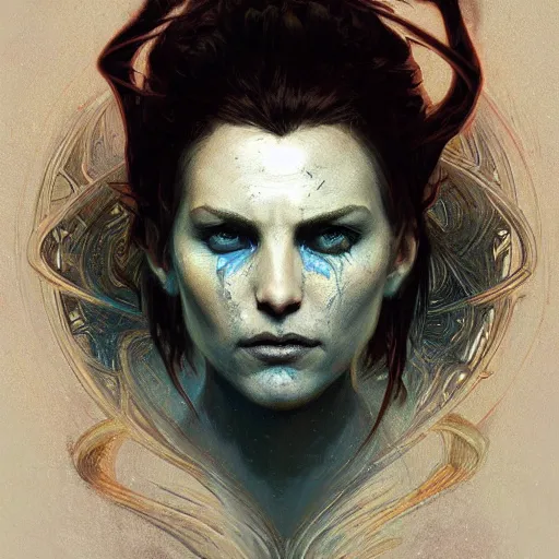 Prompt: Point of infinity, Big bang, Magic the Gathering art, undead facial features, art by greg rutkowski and alphonse mucha, highly detailed, digital painting, matte painting, concept art, illustration, oppressive lighting, trending on artstation, very detailed