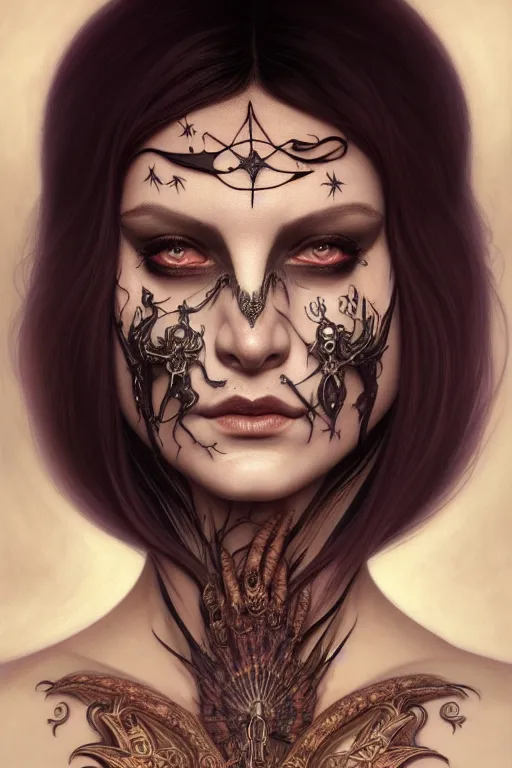 Image similar to portrait of a satanic witch, tattooed face, upper body, decorated, intricate, elegant, highly detailed, digital painting, artstation, concept art, smooth, sharp focus, illustration, art by artgerm and greg rutkowski and alphonse mucha, 8 k