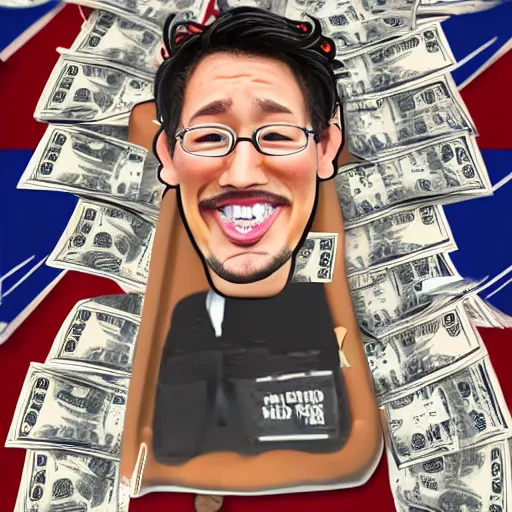 Image similar to a caricature of Markiplier inside a shower full of money which covers his body.