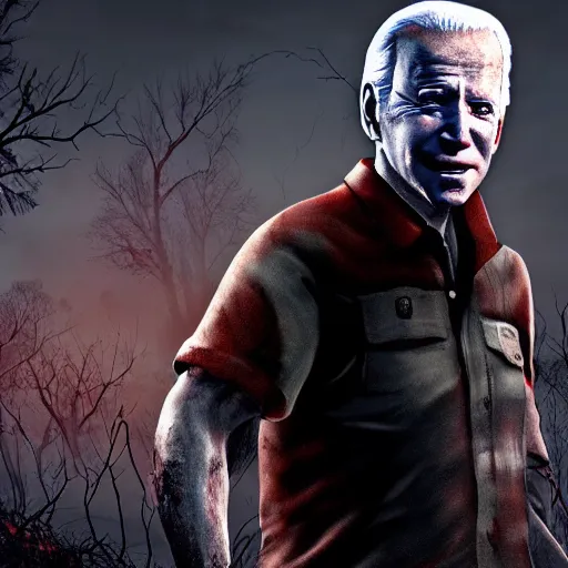 Image similar to joe biden as a killer in dead by daylight, 4 k, hyper realistic, dslr, high resolution, landscape, beautiful