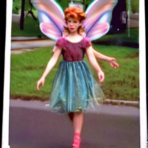 Prompt: found 90s vhs footage of real life fairy walking in suburban streets