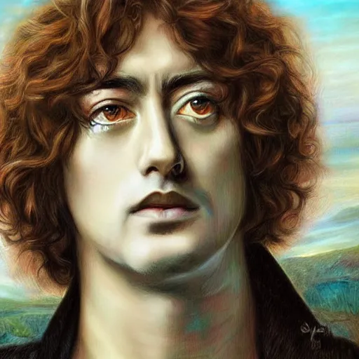 Image similar to amazing artgerm portrait of jimmy page in his 2 0 s as a preraphaelite painting, collaboration with j. scott campbell and artgerm with edward burn jones