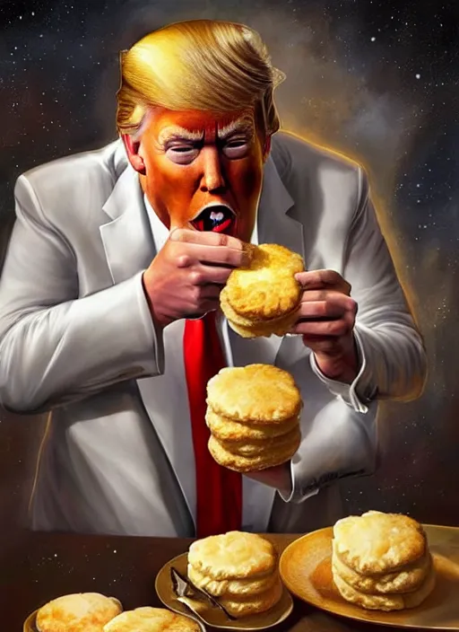 Prompt: donald trump eating buttermilk biscuits and white gravy, cosmic horror painting, elegant intricate digital painting artstation concept art by mark brooks and brad kunkle detailed