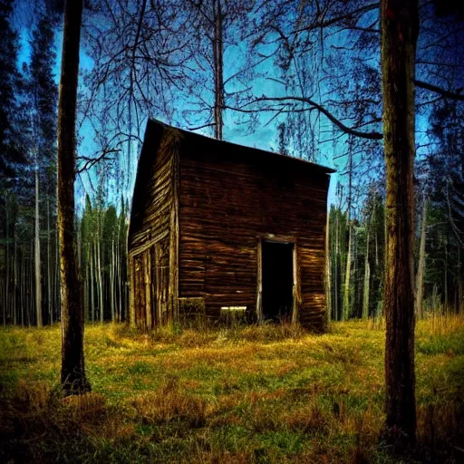 Prompt: towering forgotten cabin. masterpiece digital art, nightmare. lonely. dark, scary. endless tall trees in the background. scary morbid scarecrow in for ground. nighttime. dreamlike. the moon shines.