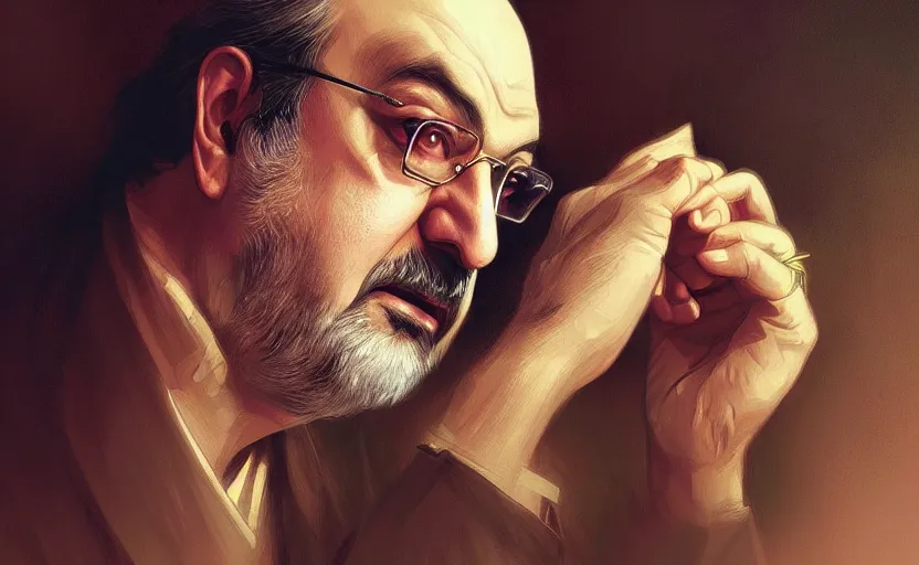 Image similar to portrait of salman rushdie, deep focus, d & d, fantasy, intricate, elegant, highly detailed, digital painting, artstation, concept art, matte, sharp focus, illustration, art by artgerm and greg rutkowski and alphonse mucha