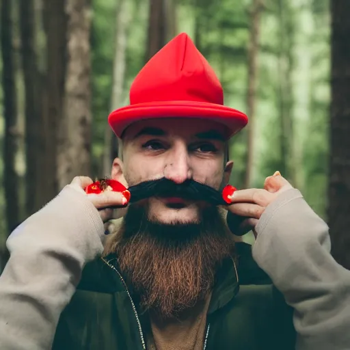 Prompt: italian man with a mustache dressed as mario wearing a solid red mario hat drooling, eyes rolled back, looking at red mushroom with white spots, in a forest 50mm lens, f1.8.