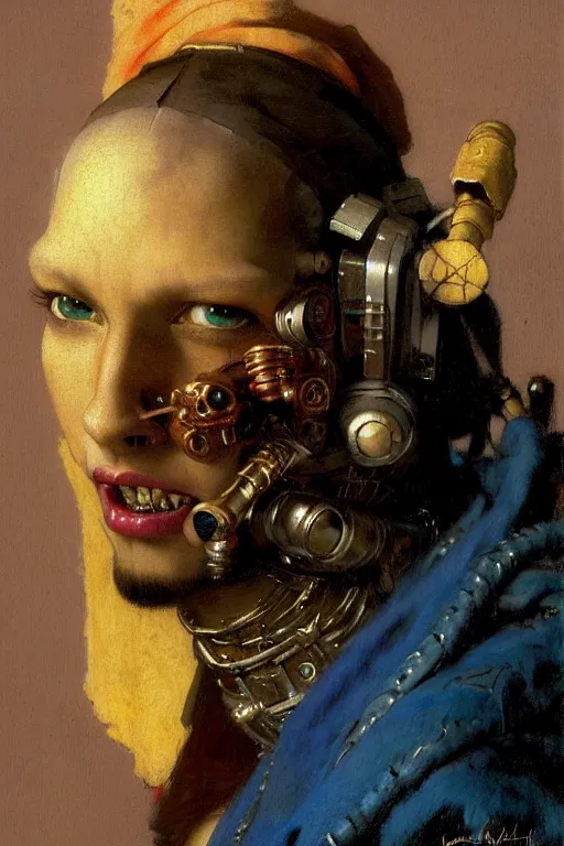 Image similar to full character portrait max mad cyberpunk warhammer 4 0 k, tech priest not the girl with the pearl earring character design, painting by gaston bussiere, katsuya terada, wyeth, craig mullins, hiroshi yoshida, ( ( ( ( ( vermeer ) ) ) ) ), frank frazetta, mucha, tom of finland, trending on artstation