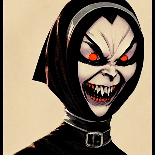 Prompt: scary vampire nun, evil grin, closeup, cinematic, powerful, super detailed and intricate, by koson ohara, by darwyn cooke, by greg rutkowski, by satoshi kon