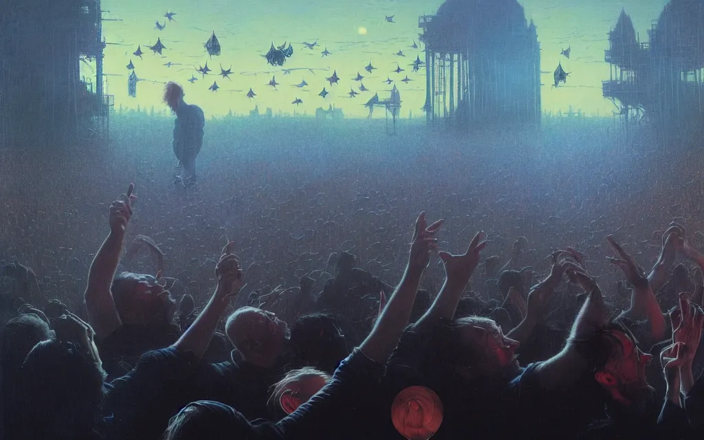 Prompt: thom yorke seeing weird fishes swimming in the air while radiohead is playing everything is in its right place at a festival at sundown, fantasy painting by greg rutkowski and thomas kinkade and norman rockwell, low light, audience and crowdsurfing and lasershow in the background