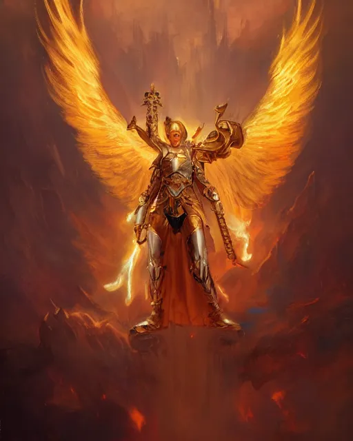 Prompt: character portrait of a strong male angel of justice, with fiery golden wings, wearing shining armor, wielding a flaming sword, by peter mohrbacher, mark brooks, jim burns, marina abramovic, wadim kashin, greg rutkowski, trending on artstation