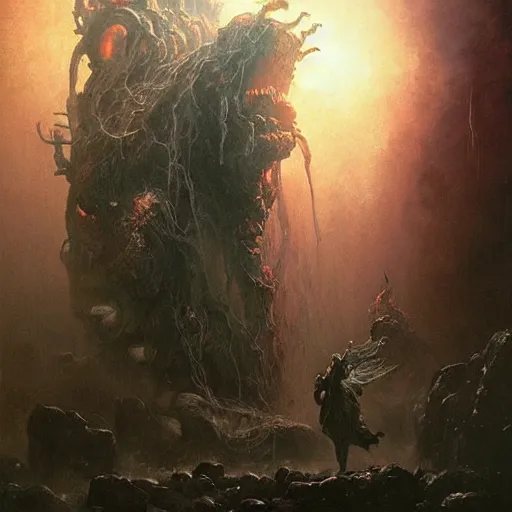Image similar to sentient ghostbusters bizarre demi - gods expelling demons by greg rutkowski, zdzislaw beksinski,