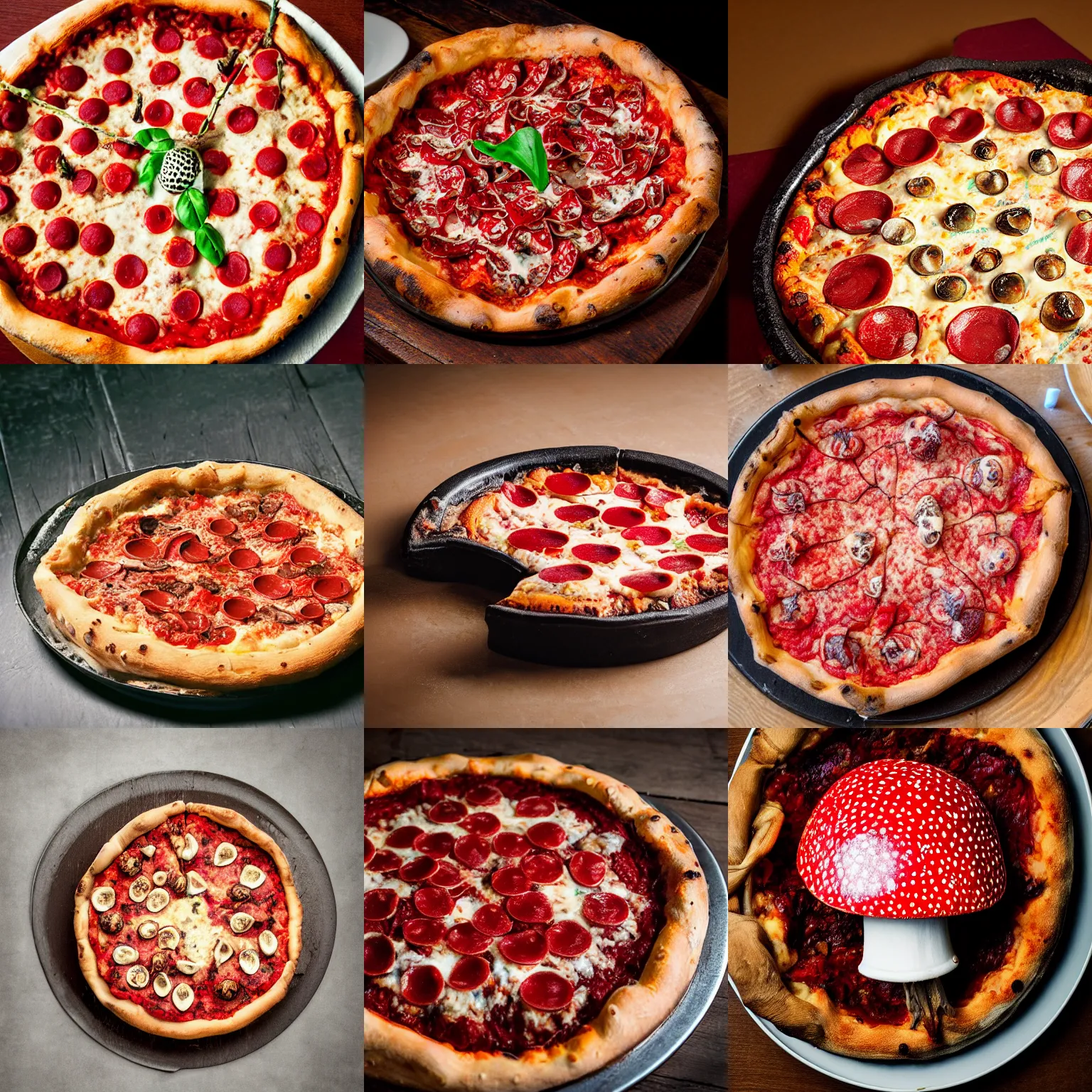 Prompt: spotted amanita muscaria on top of a deep dish pizza, spotted amanita muscaria, on a table, viewed from the side, professional food photography