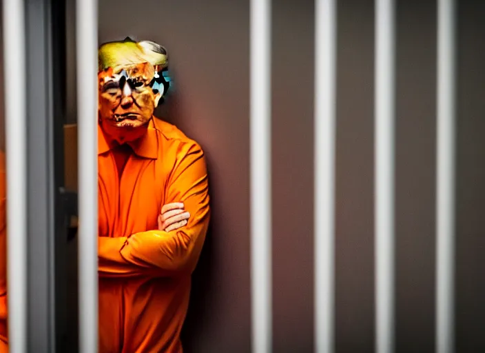 Image similar to photo of donald trump sitting in a jail cell wearing an orange jumpsuit bars in the foreground, 8 k, 8 5 mm f 1. 8