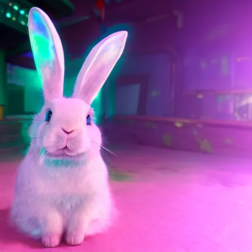 Image similar to neon fluorescent, iridescent cute bunny rabbits with fairy wings cyperpunk 2 0 7 7, unreal engine 5, 8 k ultra realistic, hyperdetailed, volumetric lighting, extremely high quality