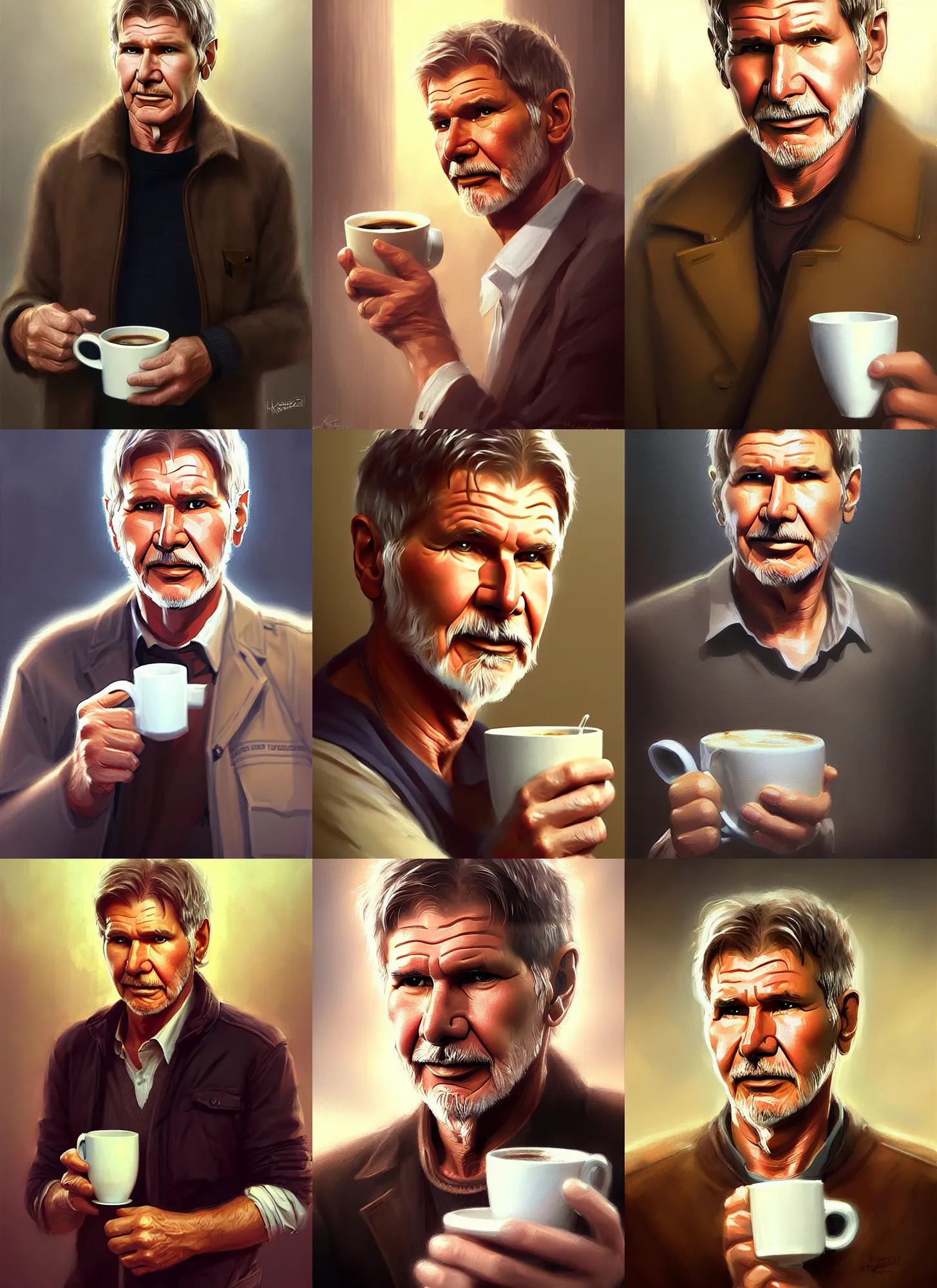 Prompt: head and shoulders masterpiece portrait of harrison ford drinking coffee, surreal background, digital art by krenz cushart, trending on artstation, cgsociety