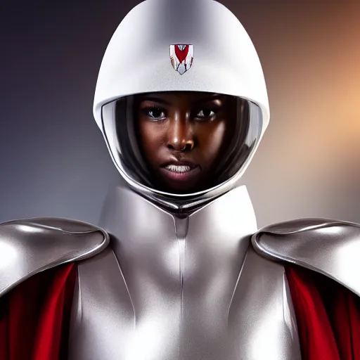 Prompt: headshot of a beautiful female soldier, no makeup, in glossy sleek white armor and a long red cape, head tilted upwards, determined expression, no helmet, on the surface of mars, cinematic, sci-fi, hyperrealistic, detailed