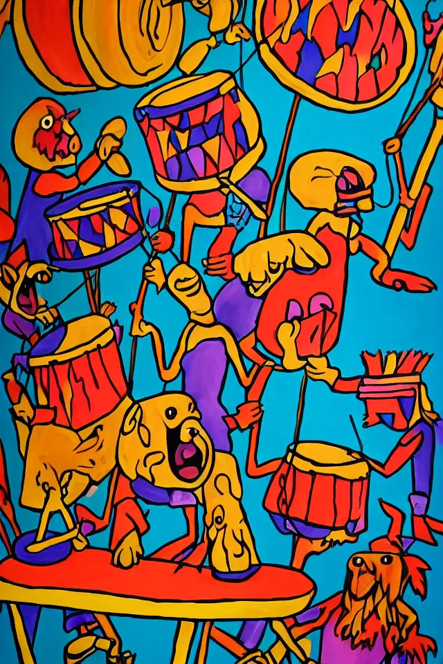 Image similar to painting animal drum at the puppet show head banging drummer 9 0 s music song groove is in the heart, we're going to dance and have some fun