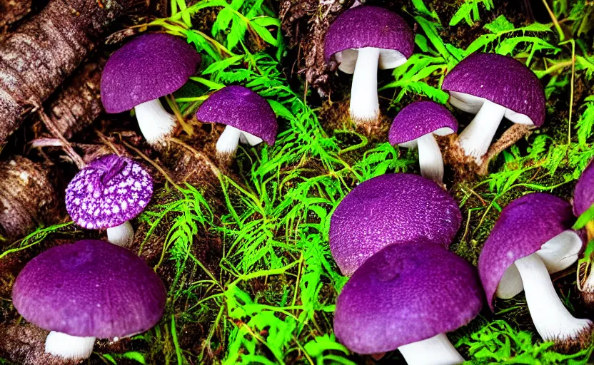 Image similar to a photography of a purple mushroom family in a rainforest, intricate detail, photorealistic